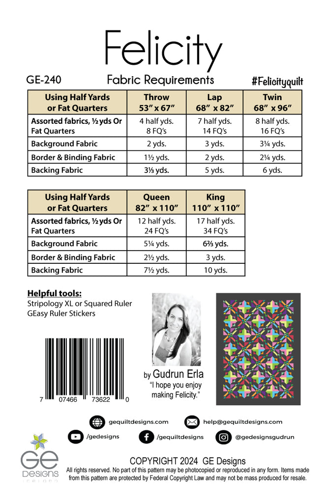 Felicity - 1/2 yard or Fat Quarter PDF Pattern 240 Pattern GE Designs