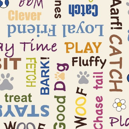 Bow Wow Meow Wag and Woof Words Cream D30-C W30 Fabrics Freckle and Lollie