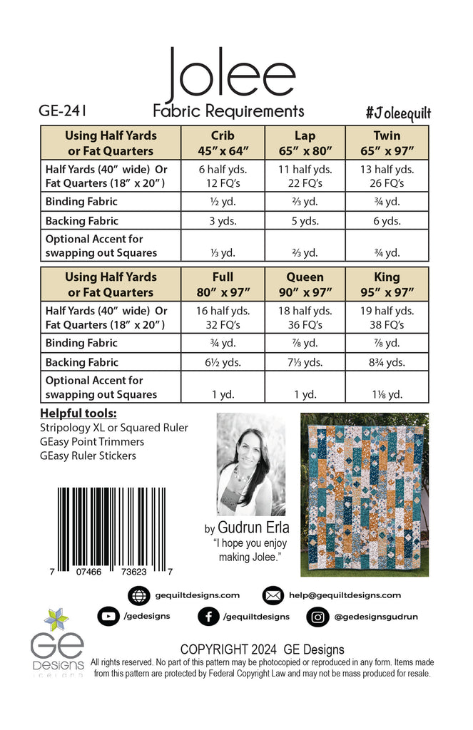 Jolee - 1/2 yard or Fat Quarter PDF Pattern 241 Pattern GE Designs