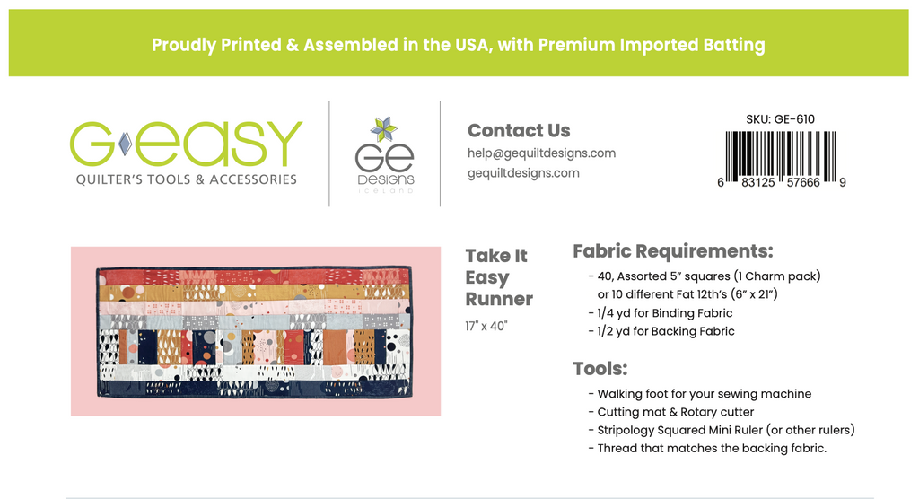 Quilt-As-You-Go Batting Kit PREORDER - Take It Easy Runner Pattern GE Designs