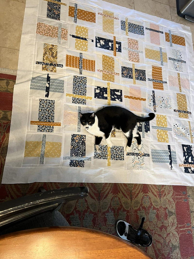 A cat lying on a finished quilt top
