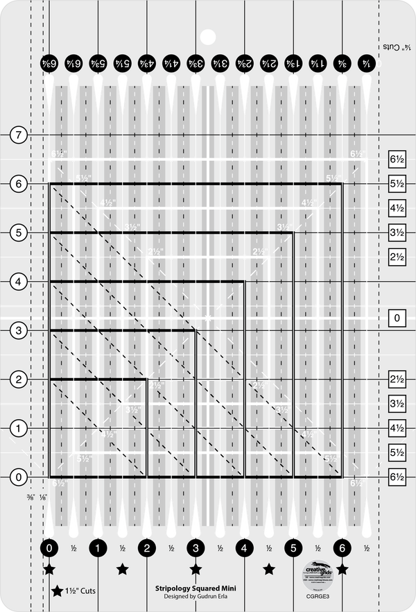 The whole Stripology Squared MINI ruler, shown to scale